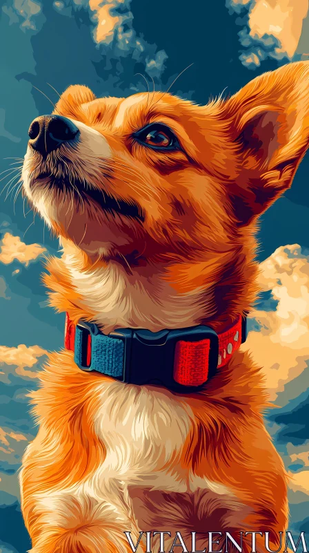 Corgi with Vibrant Collar and Sky Background AI Image