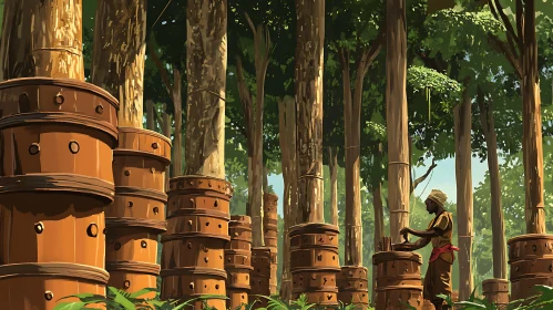 Man and Barrels in Forest