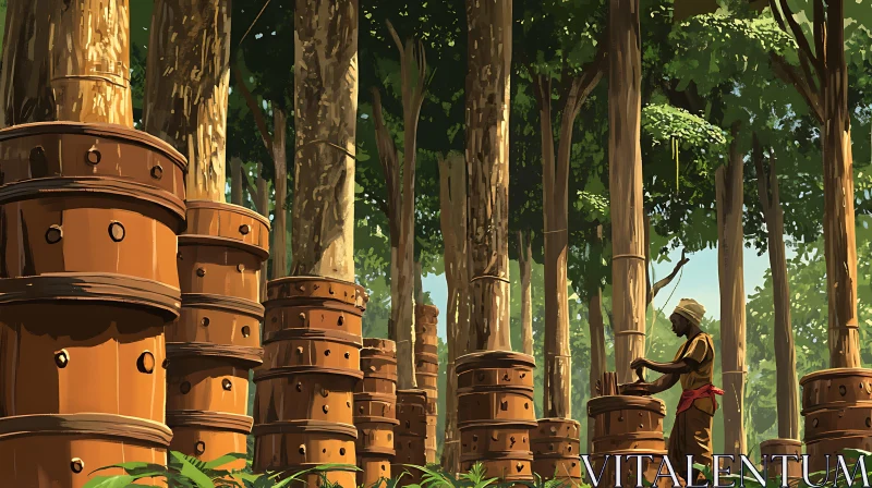 AI ART Man Working in Forest with Barrels