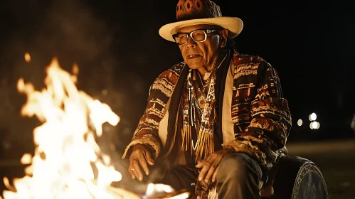 Man in Traditional Clothes by Fire