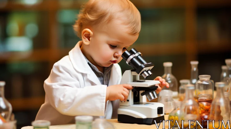 Curious Toddler and Microscope: A Captivating Journey into Scientific Exploration AI Image