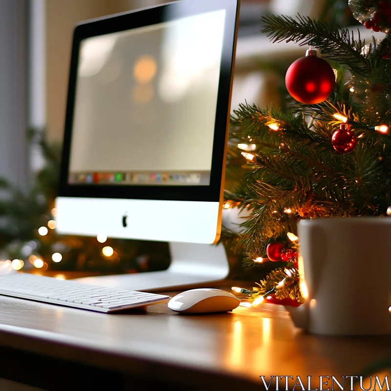 Holiday-Themed Workstation with Christmas Decor AI Image