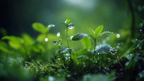 Macro Shot of Dew-Drenched Forest Greenery