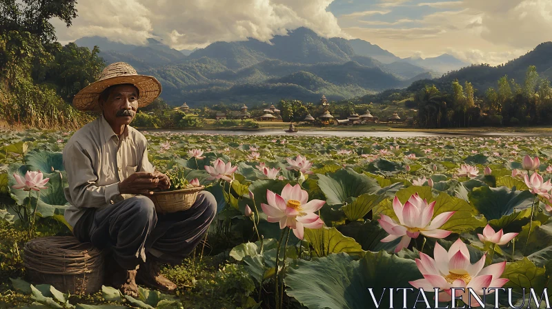 AI ART Man in Lotus Field, Asian Rural Life