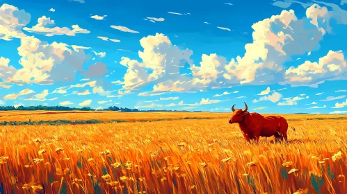 Bull in a Sunlit Flower Field