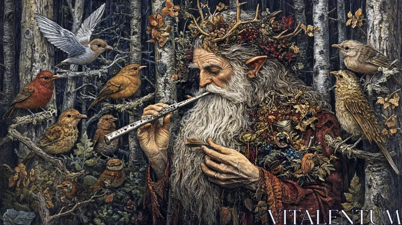 AI ART Mystical Forest Flute Player and Birds