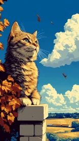 Autumn Cat Overlooking a Scenic View