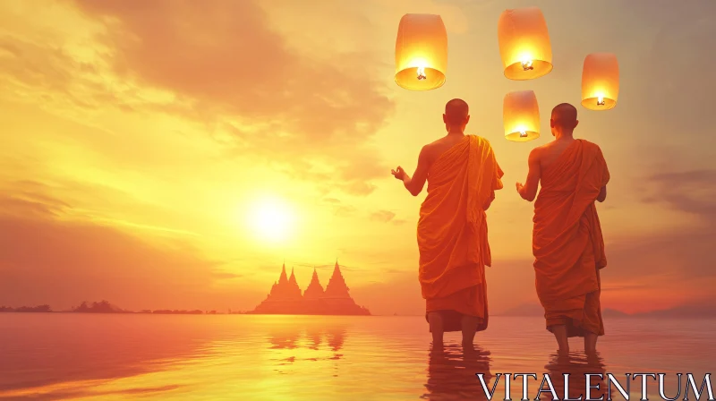 Serene Sunset with Monks and Lanterns AI Image