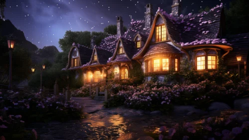 Enchanting Nighttime Fairytale Cottage Wallpaper