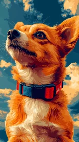 Corgi with Vibrant Collar and Sky Background