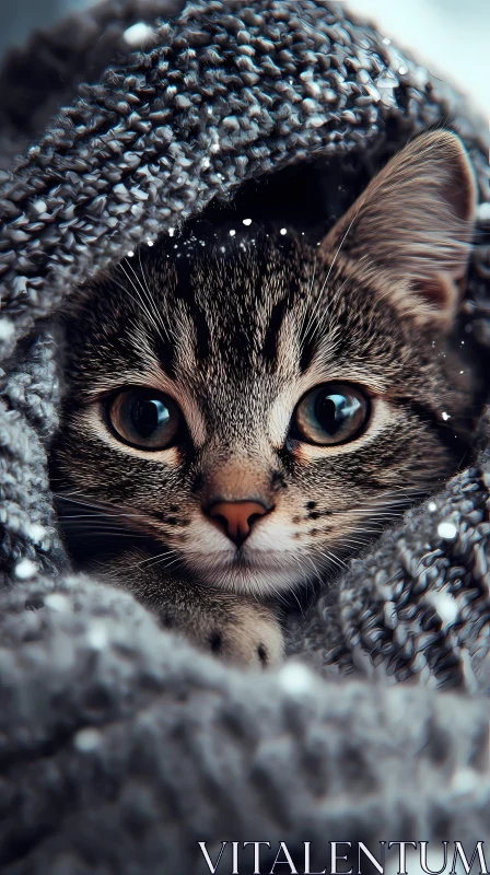 AI ART Cute Kitten Wrapped in Cozy Blanket