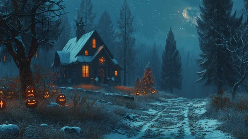 Peaceful Winter Landscape with Cabin in the Woods