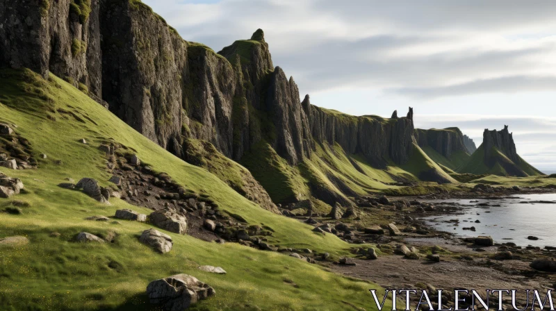 Scottish Landscapes - Rocky Coast with Lush Green Grass AI Image