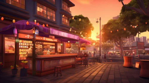 Sunlit Chinapunk City Scene with Tavern and Beach