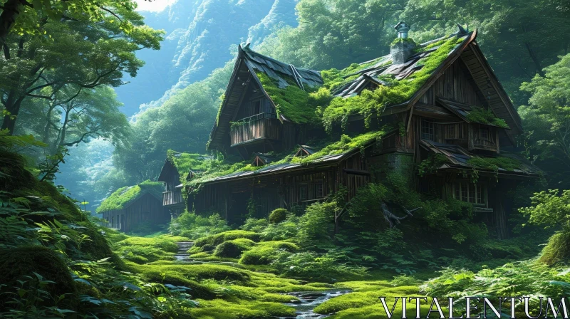 Tranquil Forest Landscape with Charming Wooden House AI Image