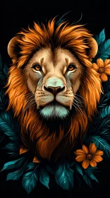 Illustrated Lion with Lush Foliage