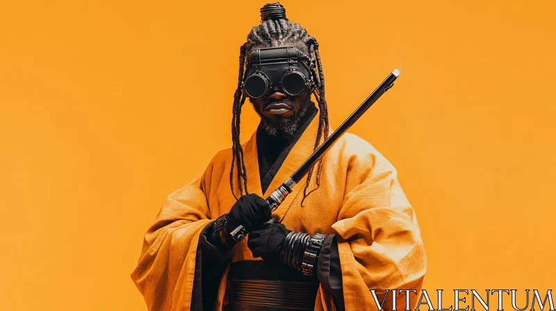 Steampunk Samurai on Orange Backdrop AI Image