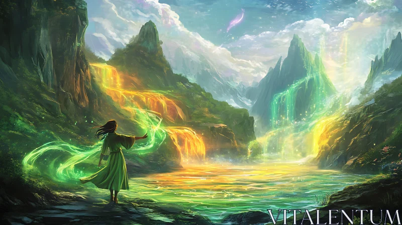 AI ART Luminous Waterfalls and Green-Clad Figure