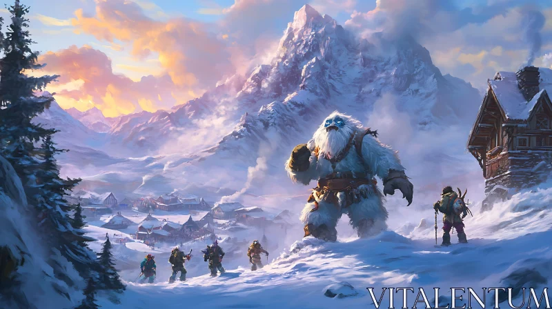 Expedition Confronts Yeti in Winter Landscape AI Image