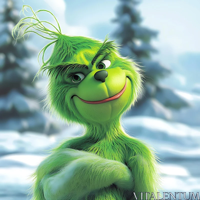 Green Grinch against Snowy Backdrop AI Image