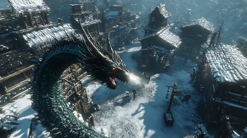 Winter Dragon Above Snowy Village
