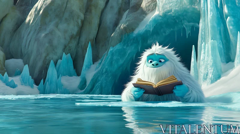 AI ART Abominable Snowman Reading by Frozen Lake