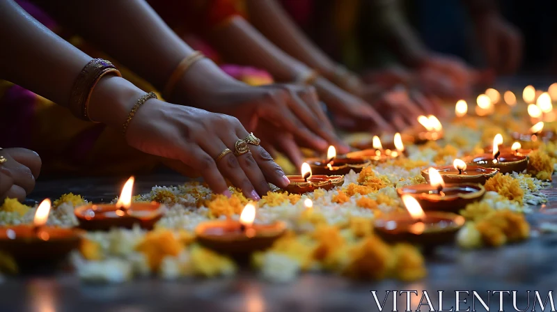 Illuminating Tradition: Diyas and Floral Arrangement AI Image