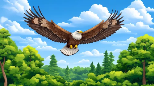 Eagle in Flight Over Forest