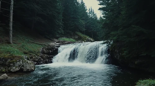 Cascading Waterfall in Tranquil Forest Setting