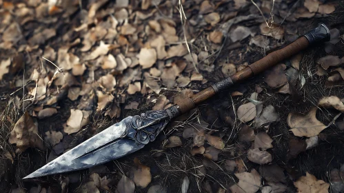 Medieval Spear Resting on Leaves