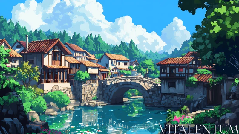 Tranquil Pixel Art Village Landscape AI Image