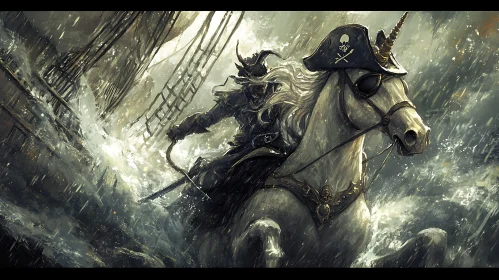 Fantasy Pirate Unicorn Riding the Waves