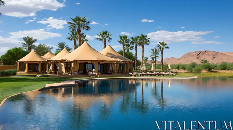 Elegant Desert Resort with Tented Accommodations by a Pool AI Image