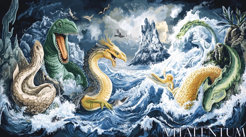 Ancient Sea Dragons and Dinosaur Illustration AI Image