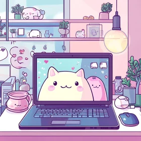 Adorable Cute Cartoon Characters in a Cozy Workspace