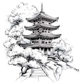 Monochrome Pagoda Illustration