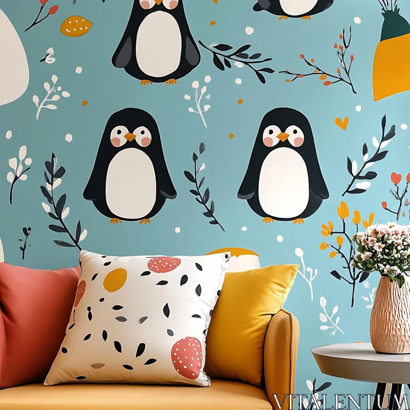 AI ART Playful Penguin Illustration with Pillows