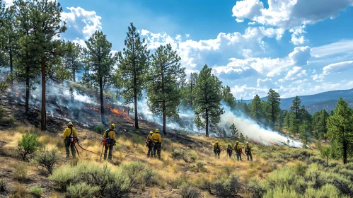 Forest Wildfire with Firefighters in Action