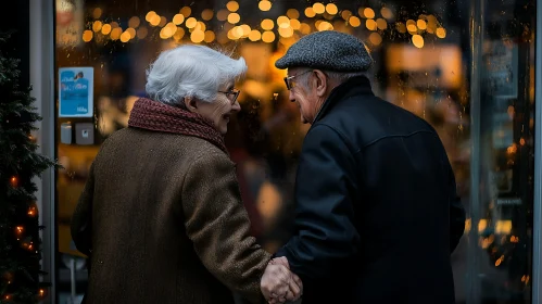 Romantic Elderly Couple Holding Hands in City