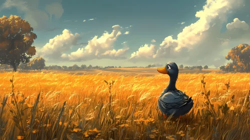 Cartoon Duck and Golden Field Landscape