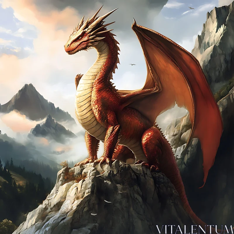 Red Dragon Overlooking Misty Mountains AI Image