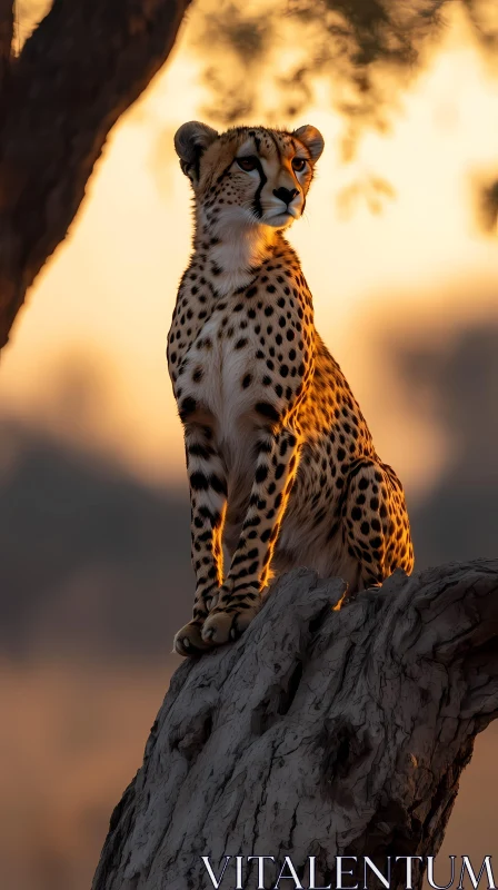 Cheetah on a Tree Trunk in Sunset AI Image