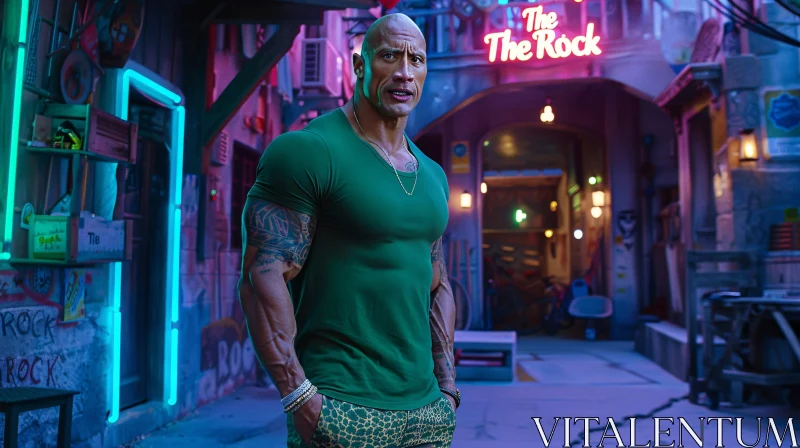 The Rock in Neon Cityscape AI Image