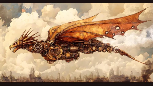 Mechanical Dragon Soaring Above the City