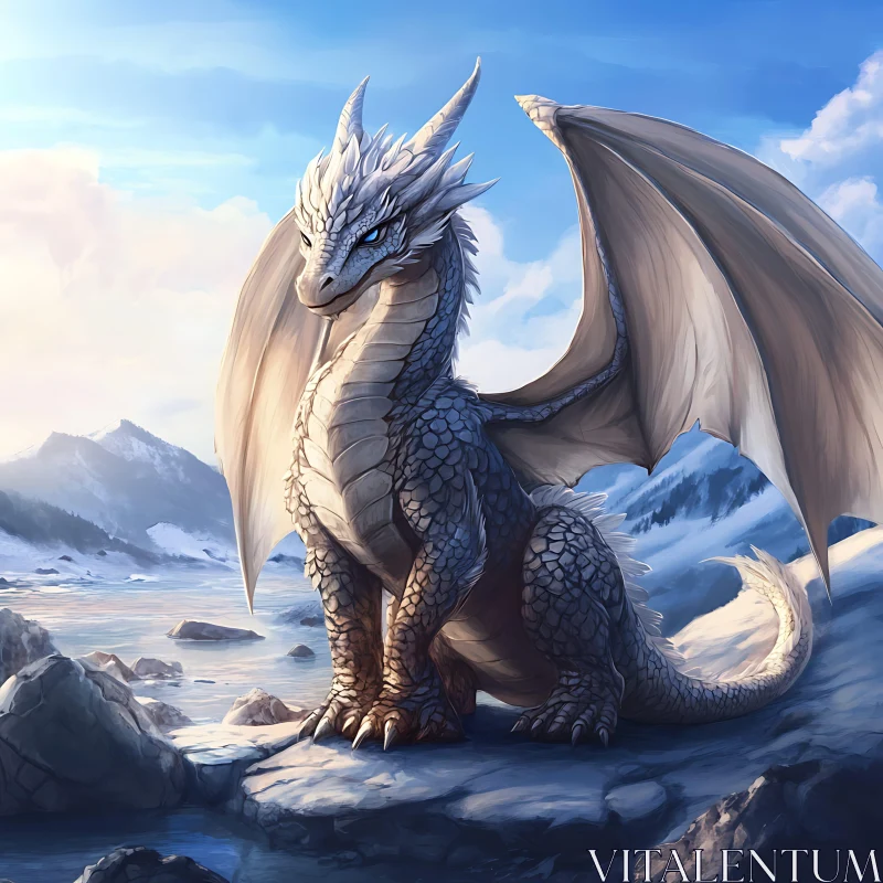 AI ART Icy Dragon Perched on Rocks