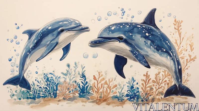 Watercolor Dolphins AI Image