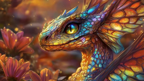 Colorful Dragon Portrait with Floral Backdrop