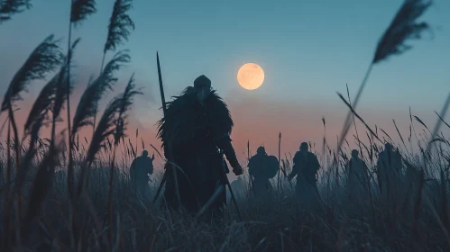 Silhouetted Warriors in Field