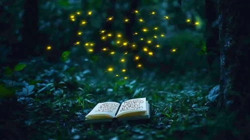 Fireflies Illuminating a Book in Forest