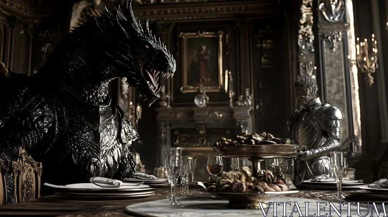 A Medieval Feast with Dragon and Knight AI Image